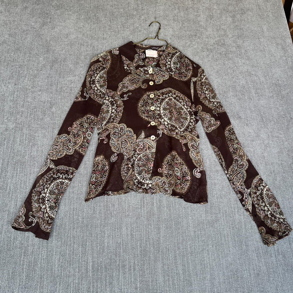 Vtg 90s Byblos Womens Shirt 42 Brown Paisley Silk Sheer Flared Sleeve Button-Up